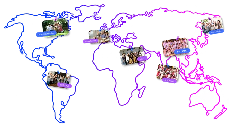 World map with family photos pinned across continents